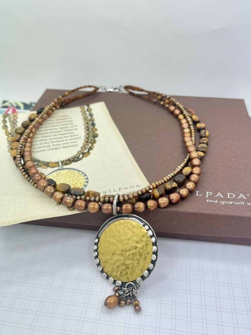 Retired Silpada N1838 Tiger Eye Pearl Sterling Silver Necklace 17-19"